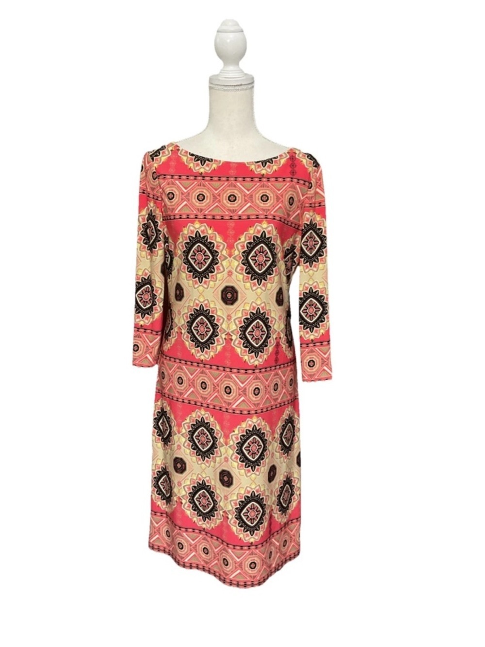 London Times Coral Cream Geometric Geometric Sheath Dress Pullover Size 8